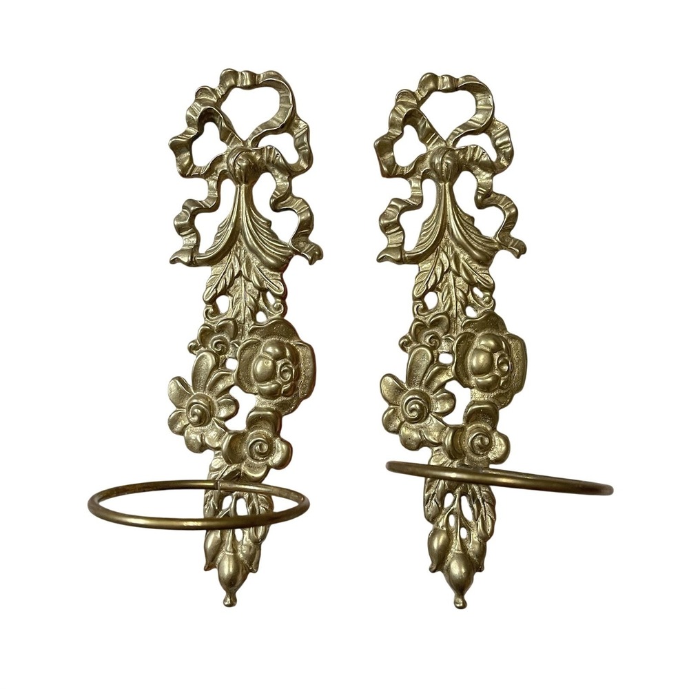 Hollywood Regency Gilded Candle Sconces Ornate Bow Flower Medieval‎ French Brass